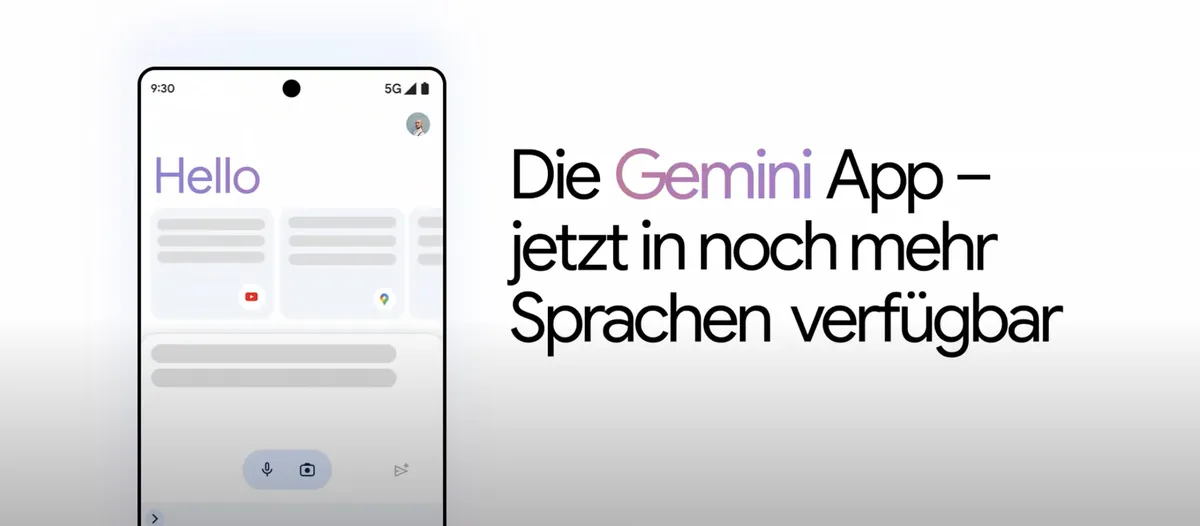 Ein Smartphone mit der Gemini App und dem Satz "Die Gemini App jetzt in noch mehr Sprachen verfügbar"