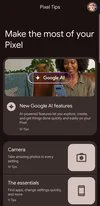 A screenshot of a Pixel display opened to Pixel Tips. The headline on the page reads “Make the most of your Pixel.” Below this is a photo of a person holding a blue Pixel looking at the screen with the words “Google AI” overlaid on this inside a pill-shaped, purple outline. In separate boxes below this are headlines that read “New Google AI features,” “Camera” and “The essentials.”