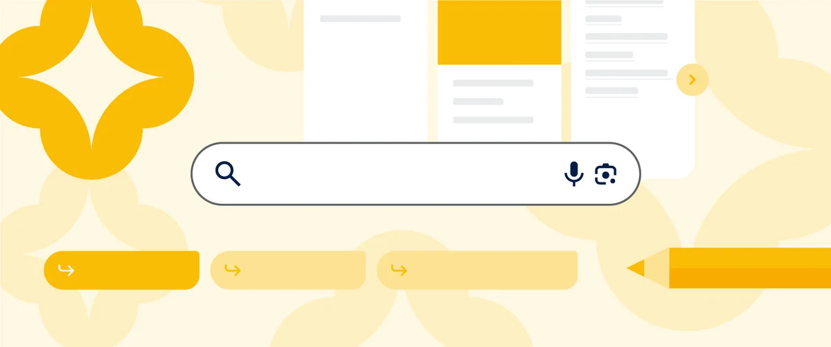 A search bar superimposed on an abstract yellow background.