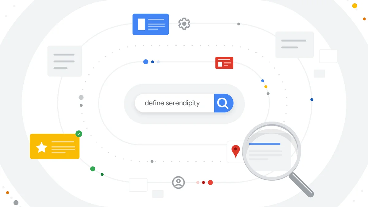 The phrase define serendipity inside of a Search bar with icons surrounding it.