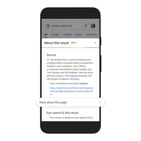 About This Result panel shows the new "more about this page" link.