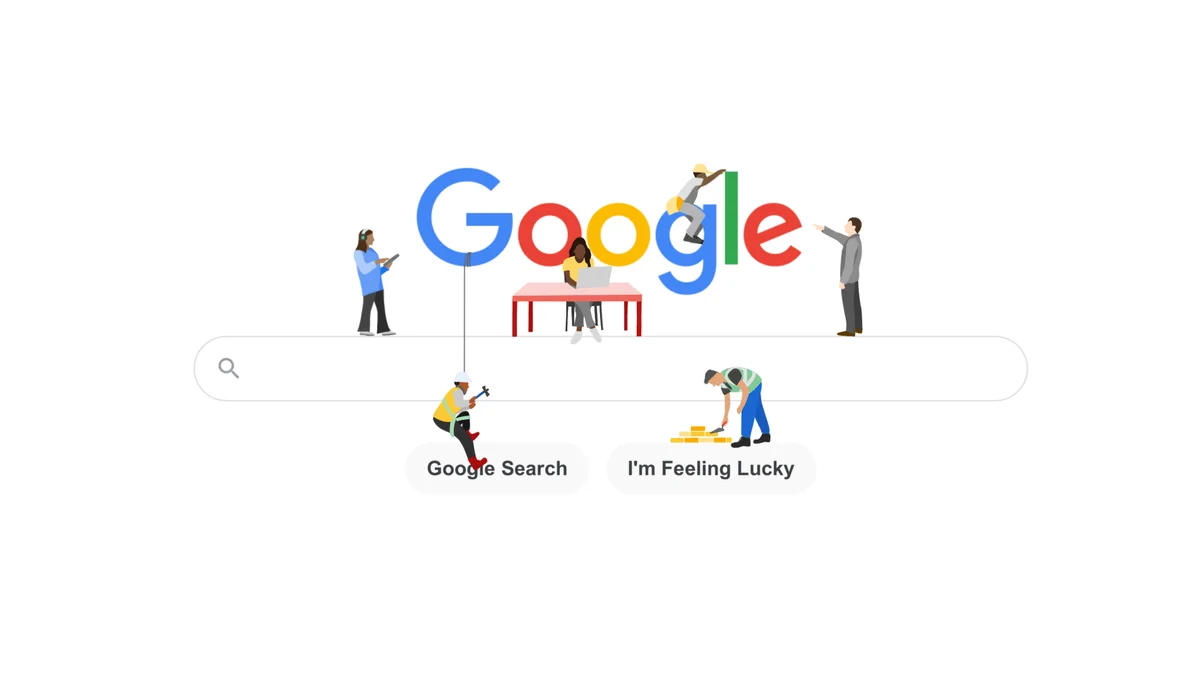 An image of the Google search bar but with characters working around it, like builders under the sign