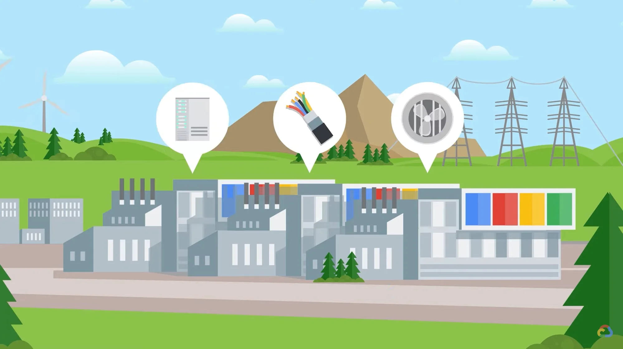 Animated image of a data center. Above it are images of a computer server to represent storage, wires to represent the power supply, and a fan to represent a cooling infrastructure.