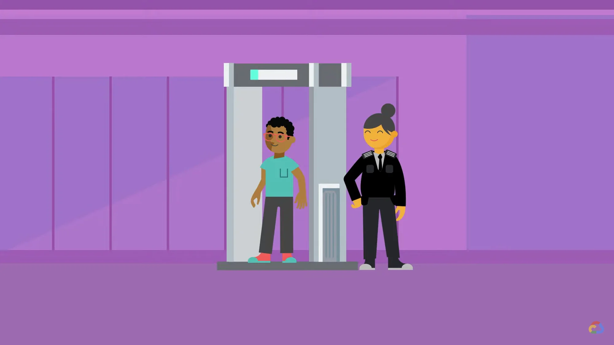 Animated image of a person going through a metal detector under the supervision of a Google staff member.