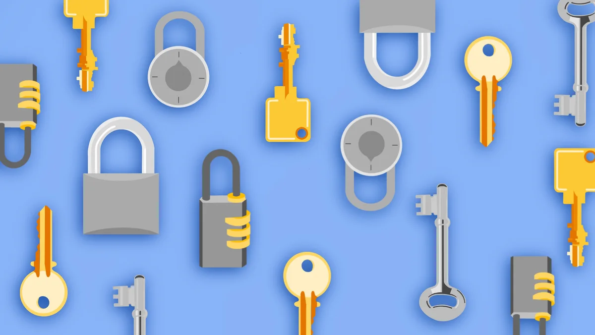 An illustration of many keys and locks set against a blue background