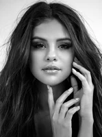 Black and white photograph of Selena Gomez