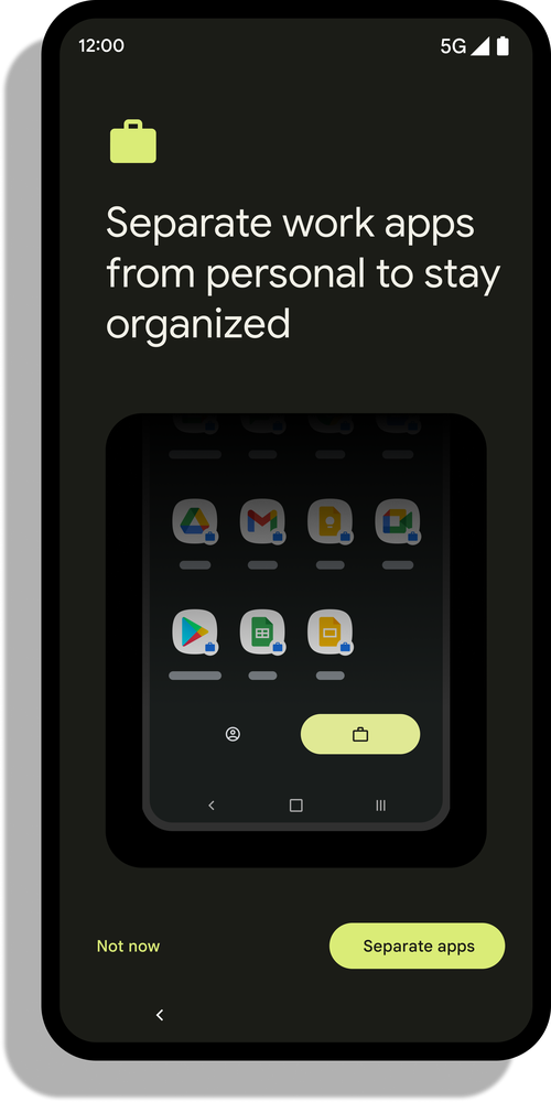 Android phone screen showing apps in work profile and text that says "Separate work apps from personal to stay organized."