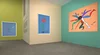 View of the interior of a virtual gallery featuring colorful paintings of dancers
