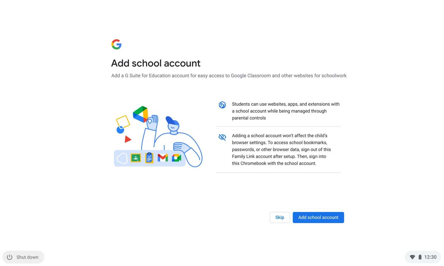 Add a school account when setting up a Chromebook