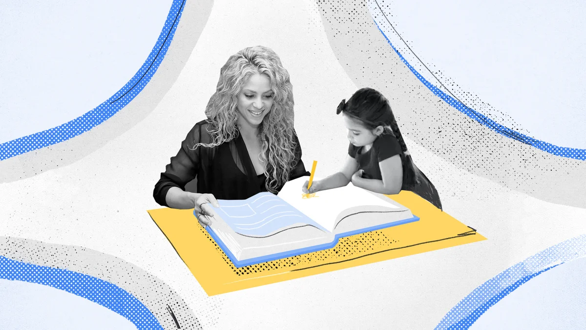 Shakira talks to a young girl while reading a book.