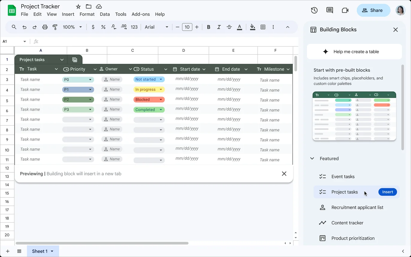 Un rastreador de proyectos a partir de los nuevos bloques de construcción de Sheets