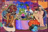 A painting of three people sitting at a table, featuring bright colors and vibrant textures