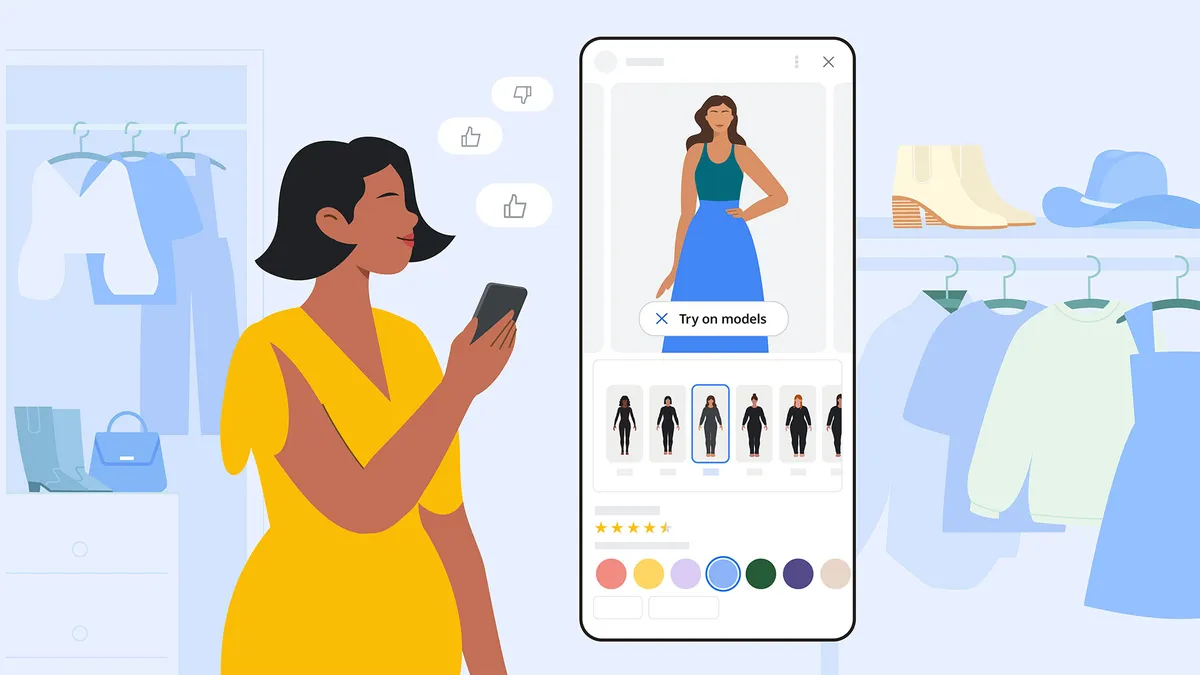 Illustration showing a woman browsing dresses online using the virtual try-on tool.