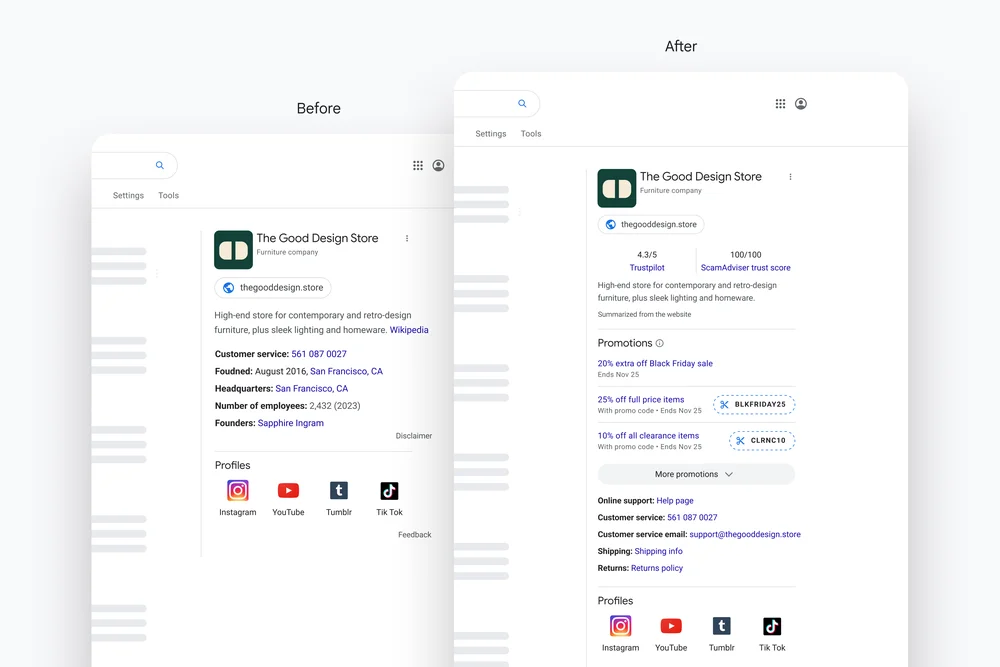 An image of a before and after of a panel of information on the right hand side of Search results about a merchant, which now shows ratings and reviews, promotions, online support pages, shipping and returns policy.