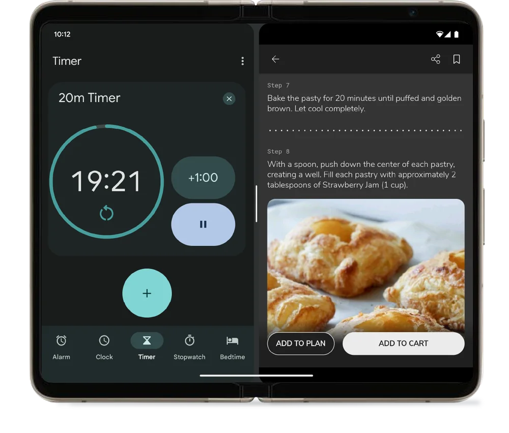 A Pixel Fold displaying a timer and the SideChef app in split-screen mode.