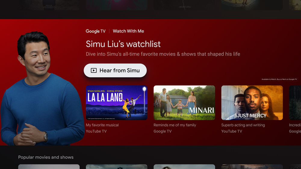 Google TV showing Watch With Me page with Simu Liu’s watchlist.