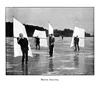 Four men in suits wearing ice skates on a frozen lake. They hold large white sails in their right arms.