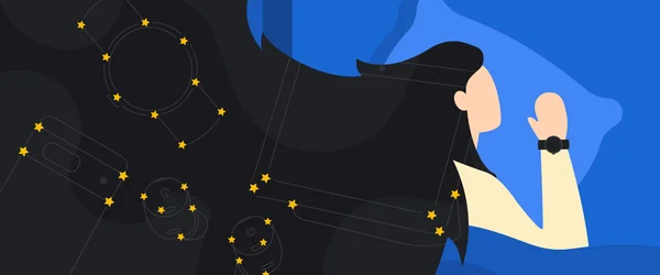 Illustration of a woman with dark hair laying on a blue blanket. On her hair are illustrations of Google products made of stars.