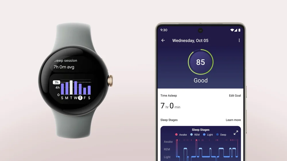 A Google Pixel Watch and Pixel phone are showing sleep data.