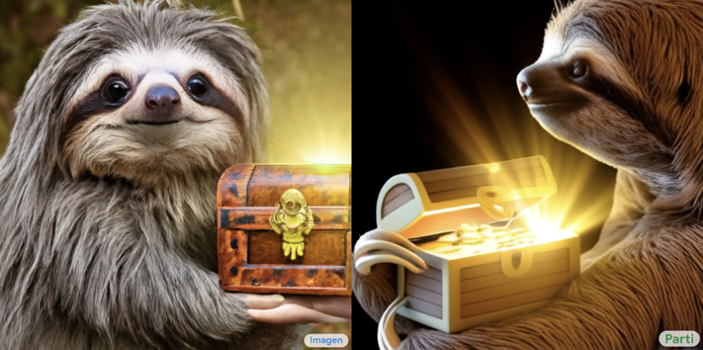 A picture of a cute sloth holding a small treasure chest. A bright golden glow is coming from the chest