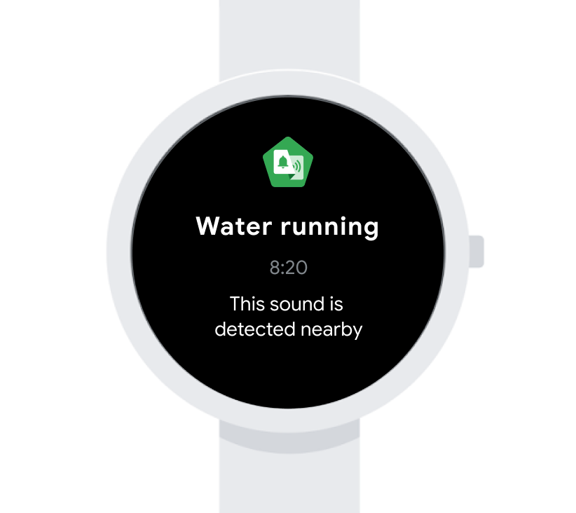 Image shows a smart watch with a push notification for water running followed with “This sound is detected nearby.”