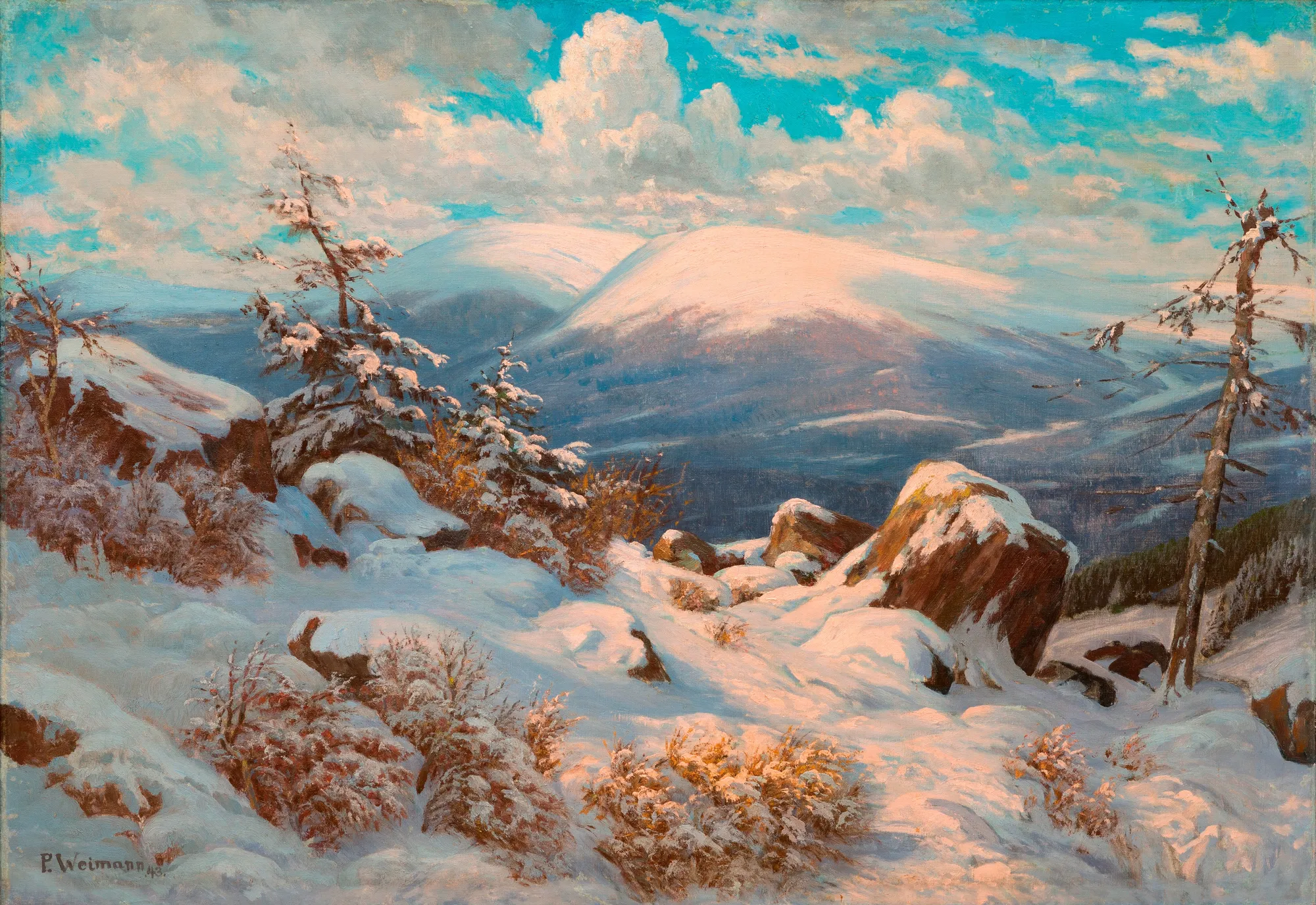 Oil on canvas, presenting Karkonosze mountains during winter. In the topmost part of the painting there are white clouds, on the horizon there are two mountain peaks, covered in snow. In the foreground, there are two trees, bent by the wind and covered in snow.