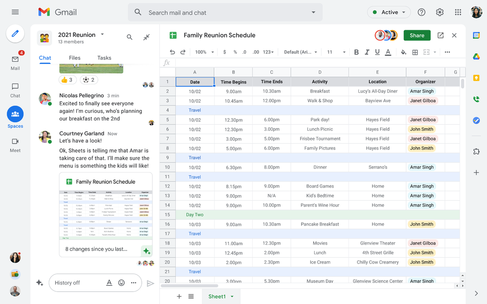 Capture d'écran de Spaces dans Google Workspace, montrant une famille en train de planifier une réunion