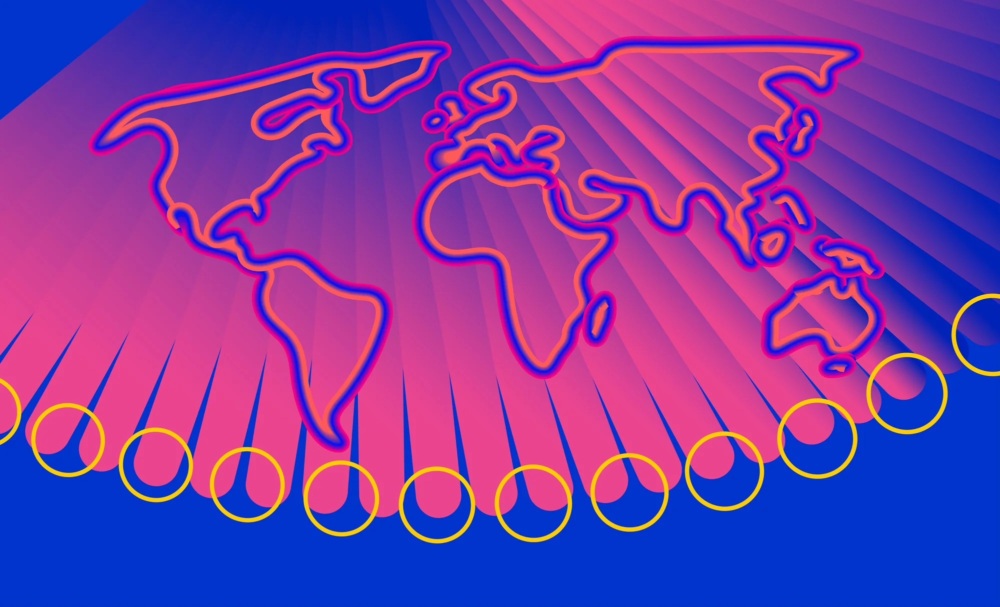 Map of the world drawn with wavy lines in pink and blue.