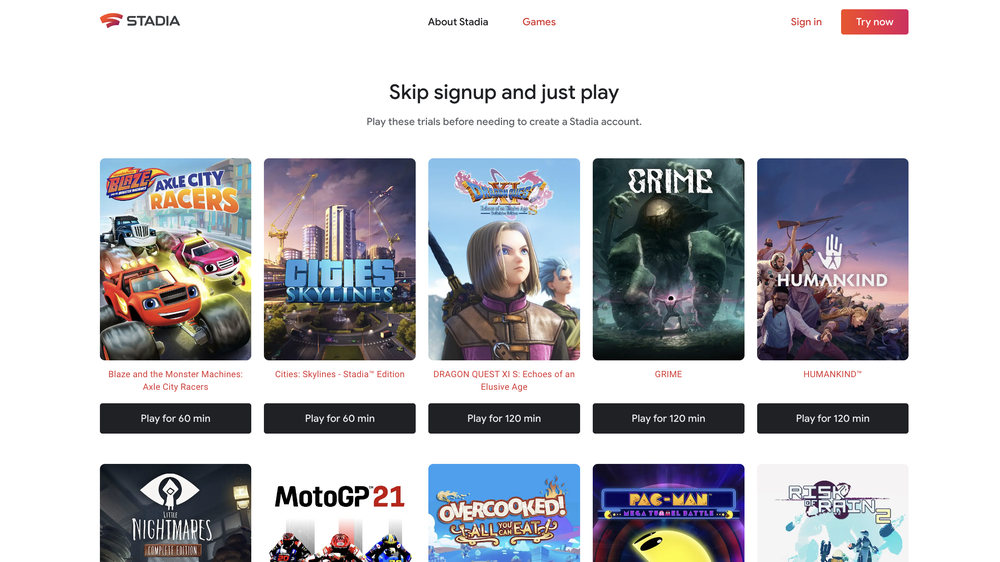 The white Stadia website shows a list of game titles available to try for free with trials to play.