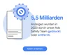Text "5,5 Mrd. Anzeigen wurden in 2023 durch unser Ads Safety Team geblockt oder entfernt" steht rechts neben einem weißen Rechteck, das mit einem blauen Punkt versehen ist.
