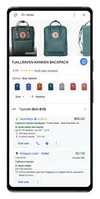 Animation showing a search for backpacks on a mobile phone, with price tracking alerts.