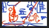 A blue and red hand loose sketch of a stick figure playing bass next to two ghosts