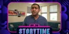 A man in a dark blue shirt stands in a room with color artwork, windows and a wraparound couch in the background. He is speaking to the camera, and a caption below reads “Ep. 38 Storytime.”