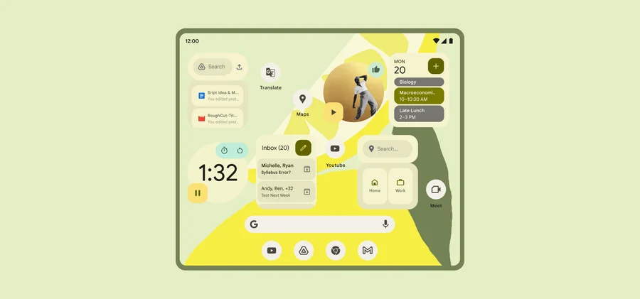 An Android tablet with a light green and yellow wallpaper shows a collection of widgets organized in a unique way. The widgets include Google Drive, Gmail, YouTube Music and Calendar.