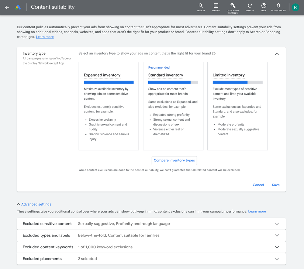 Image of content suitability page available under the Tools and Settings tab in Google Ads