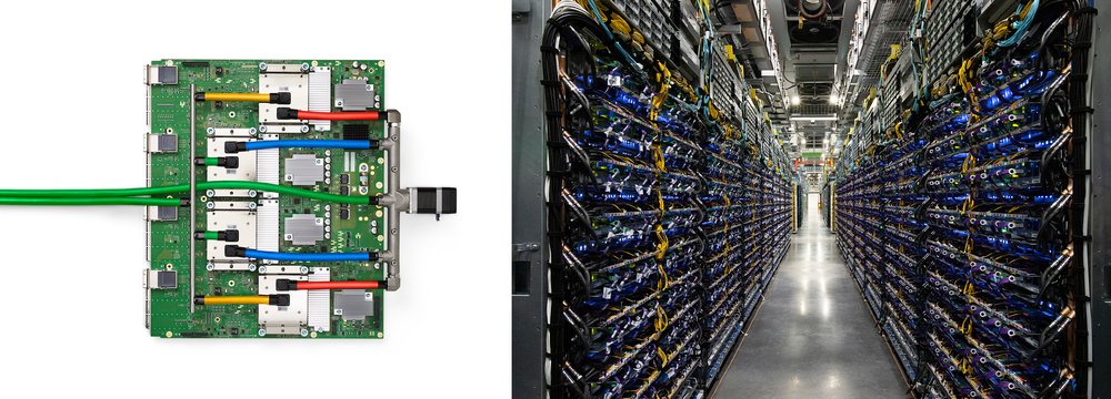 Images of a TPU v4 chip tray, and of TPU v4 pods at our Oklahoma data center