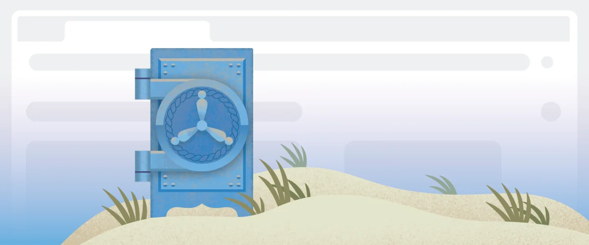 A blue vault on the beach with a blank  webpage as the background.