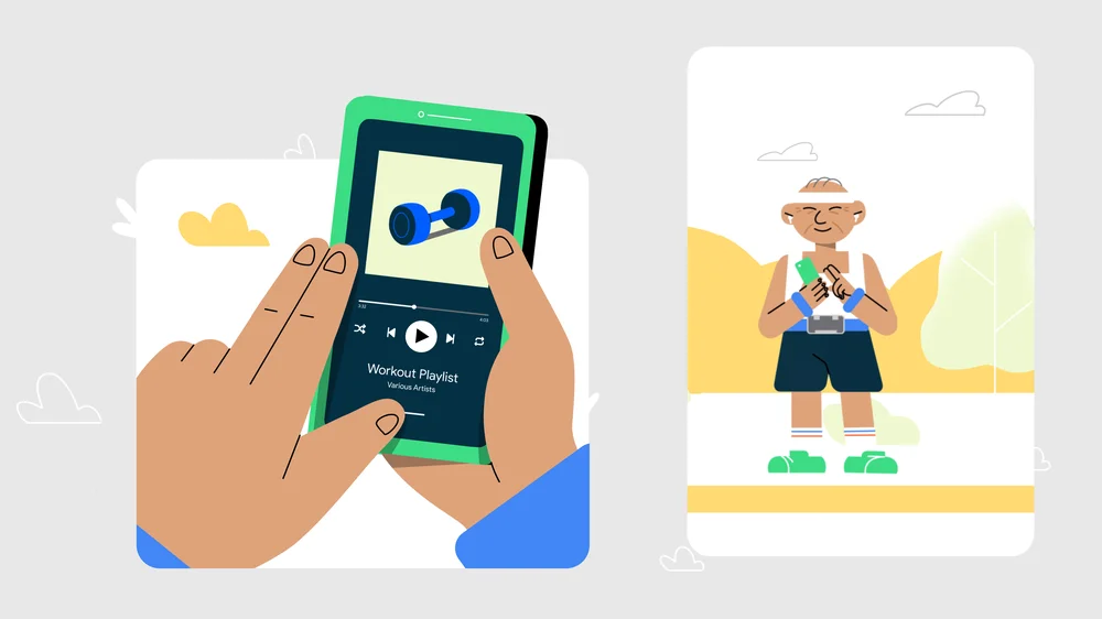 Image shows hands tapping a phone on the left that shows a song playing on a workout playlist and a man on the right wearing workout clothes and smiling.
