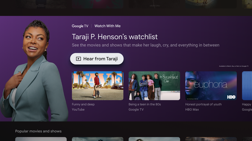 Google TV showing Watch With Me page with Taraji P. Hensons watchlist