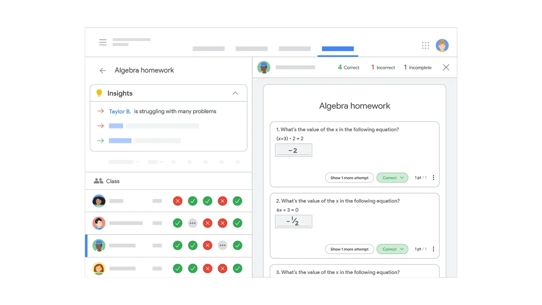 Educator view of insights dashboard in practice sets