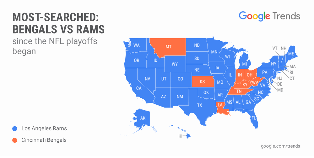 Map of the United States showing which football team was the most-searched by state.