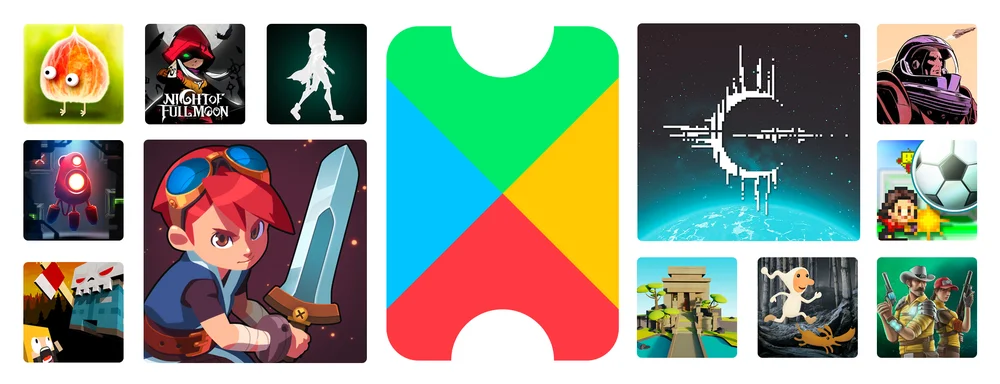 An image of the Google Play Pass logo surrounded by images from video games included in the pass.