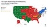 A map of the United States showcasing which chain restaurant is most popular in each US state with McDonald's indicated by red, Starbucks indicated by green and Dunkin' indicated by blue.