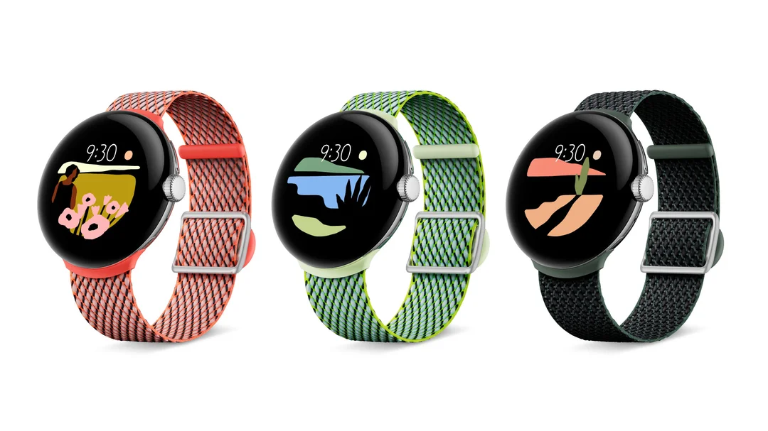 Three Pixel Watches with Woven bands, with each band featuring a different color: Coral, Lemongrass and Ivy