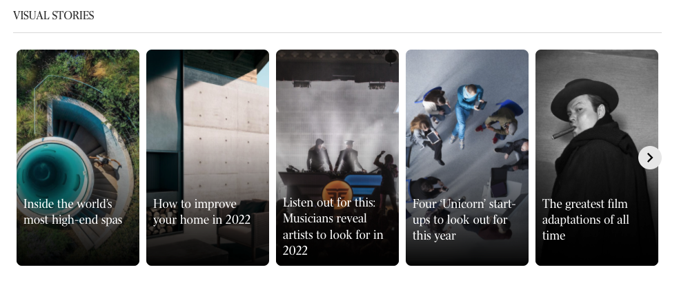 A carousel of five Web Stories is featured with topics like tech, music and film.