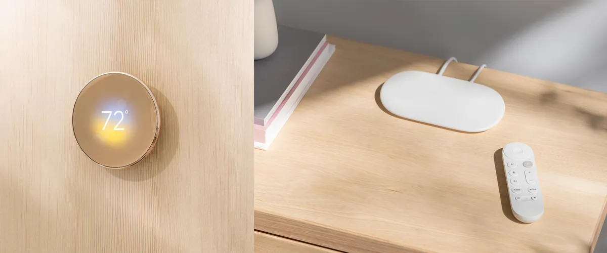 A photo of a circular gold Nest Thermostat against a light wooden wall; a temperature lit up reads 72 degrees. A photo next to it shows a pill-shaped white oval on a desk, next to a pill-shaped, smaller remote.