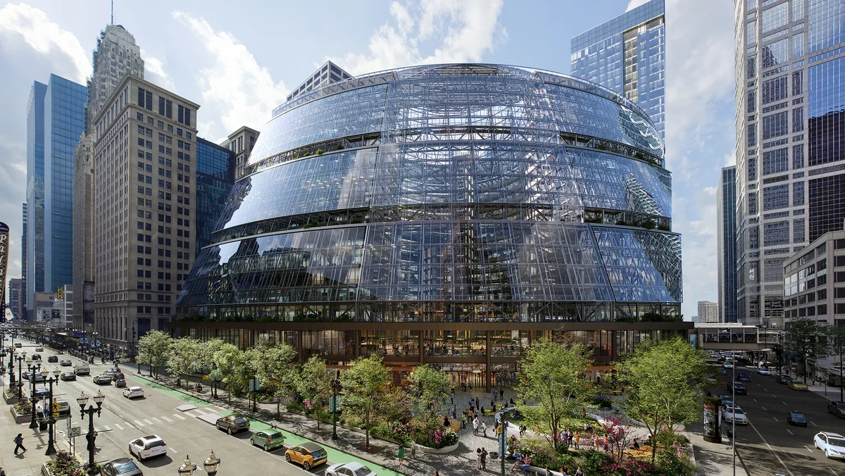 A rendering of a large, modern glass building with a curvilinear facade - the redesigned Thompson Center - on a busy Chicago street corner.