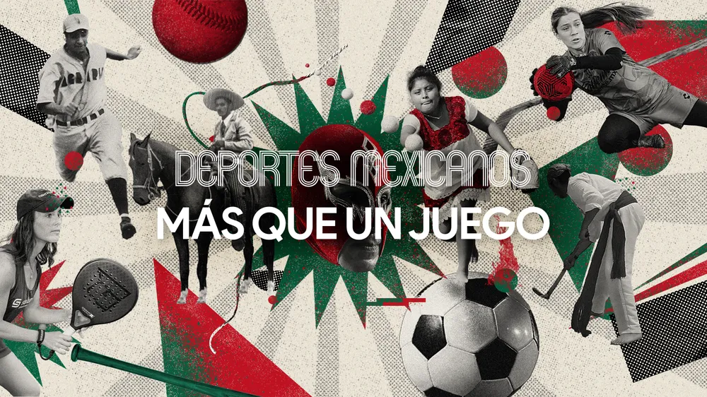 Against a background with a geometric design in the colors of Mexico's flag, Mexican athletes playing a variety of sports surround the words Deportes Mexicanos: Más Que Un Juego