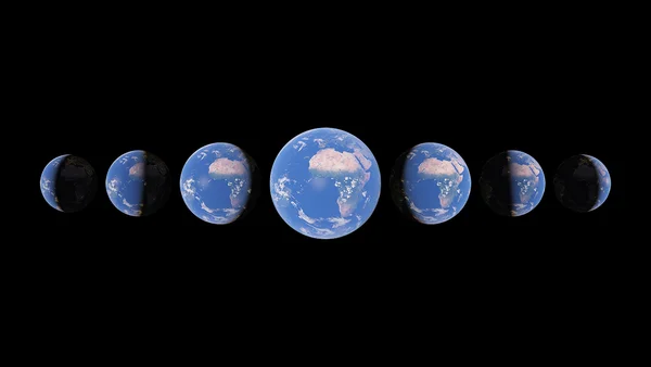 Seven globes in various crescents set against a black backdrop.