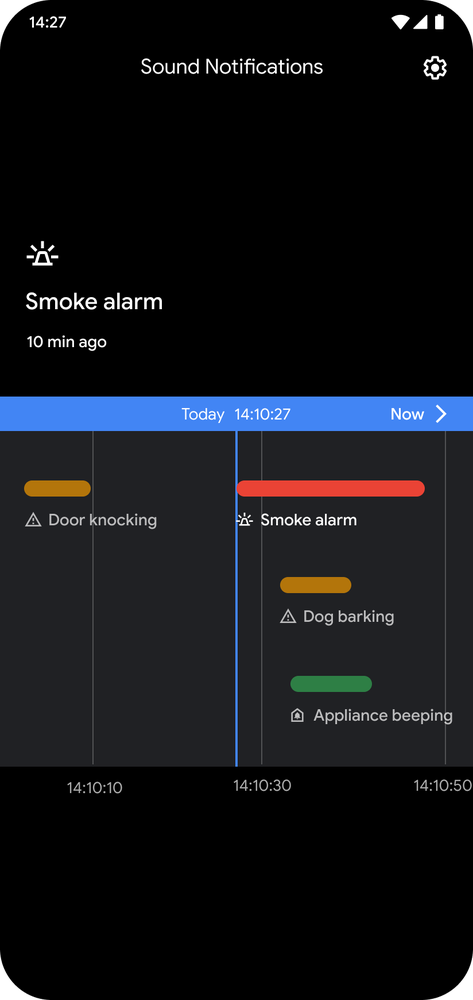 Image shows timeline of different sounds from over time denoted with different colored bars, including door knocking, smoke alarm, dog barking, and appliance beeping.